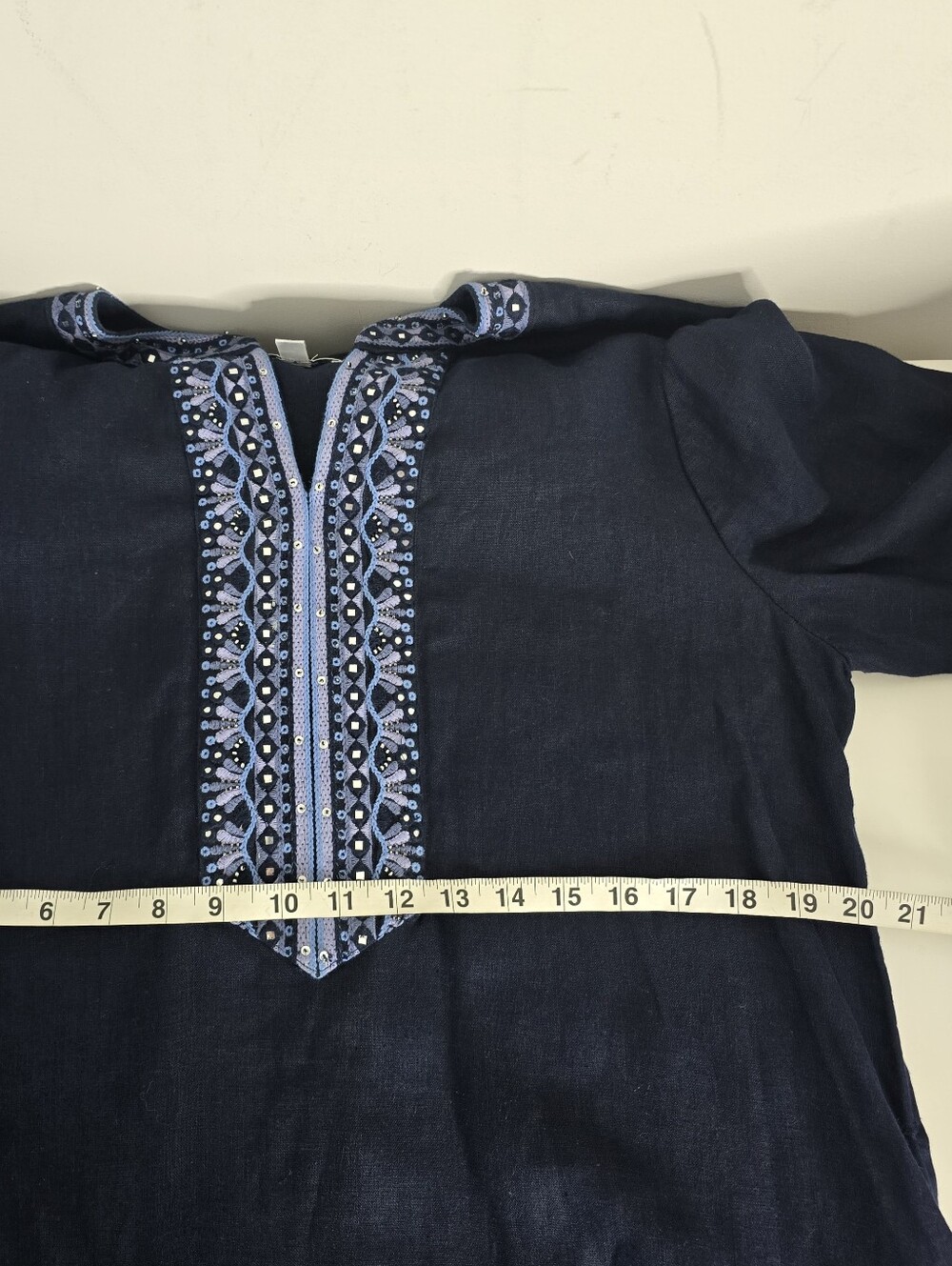 Chico's Navy Blue Embroidered Beaded Linen Tunic Dress Boho Size 1 US 8 Pockets - Picture 12 of 15